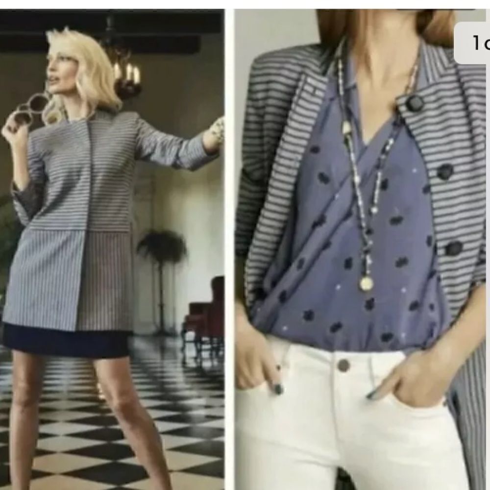CABI Striped Collarless Quarter Sleeves Car Coat Jacket Gray Blue Small #5474